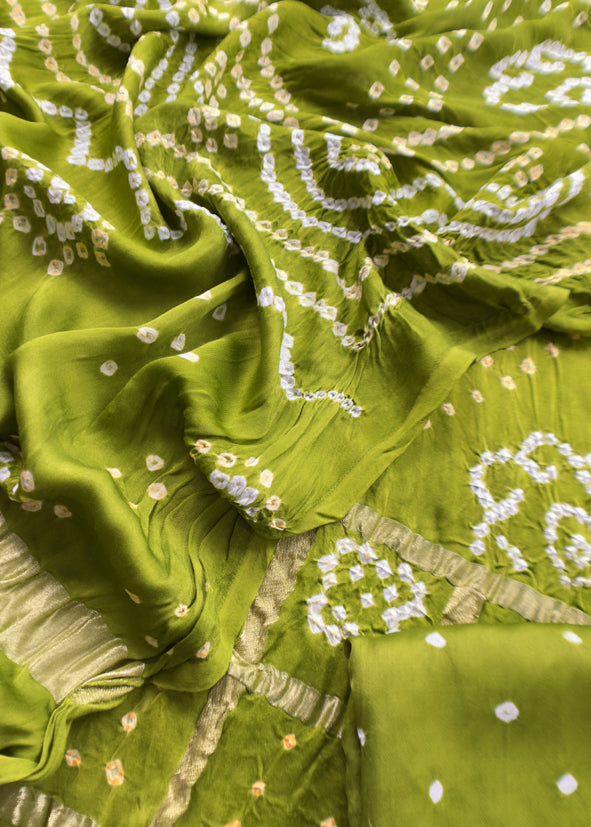Heer Green Pure Gajji Silk Gharchola Bandhani Suit With Gold Lakdi Patta Weaving