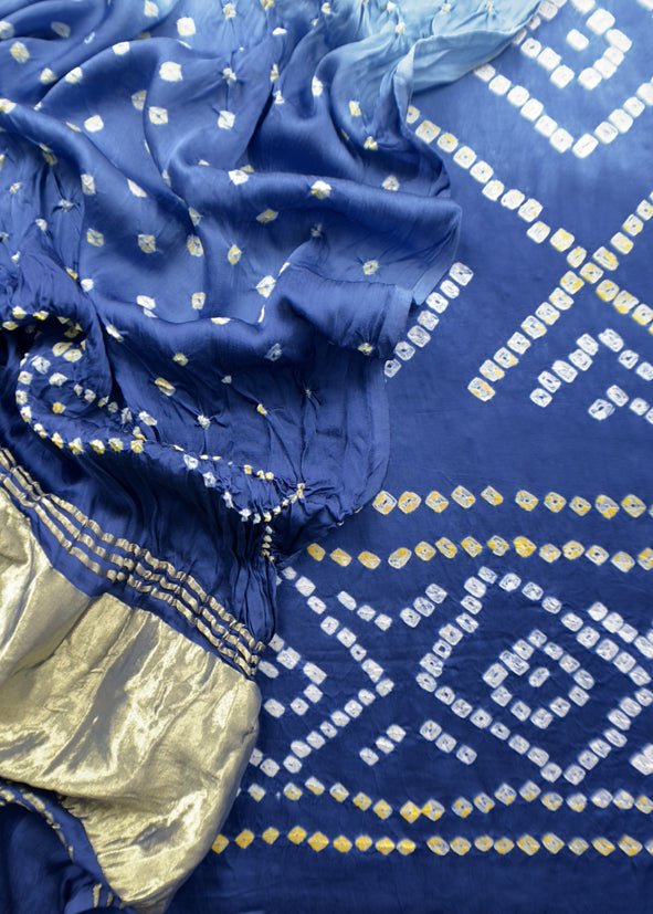Heer Blue Pure Gajji Silk Bandhani Suit With Gold Lakdi Patta