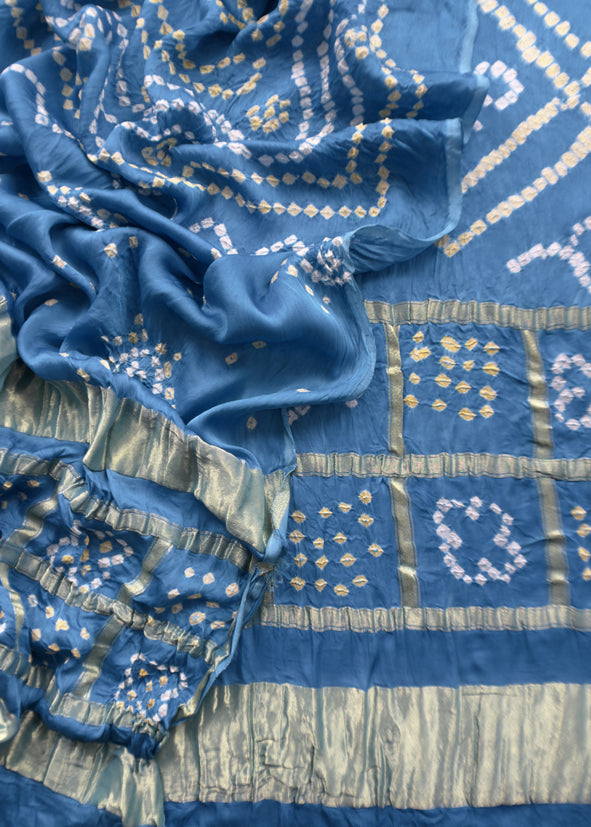 Heer Firozi Pure Gajji Silk Gharchola Bandhani Suit With Gold Lakdi Patta Weaving