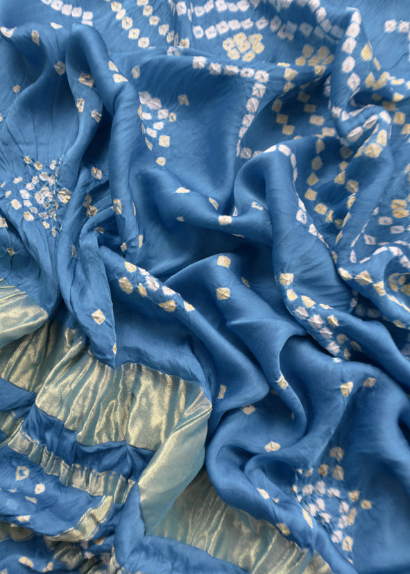 Heer Firozi Pure Gajji Silk Gharchola Bandhani Suit With Gold Lakdi Patta Weaving