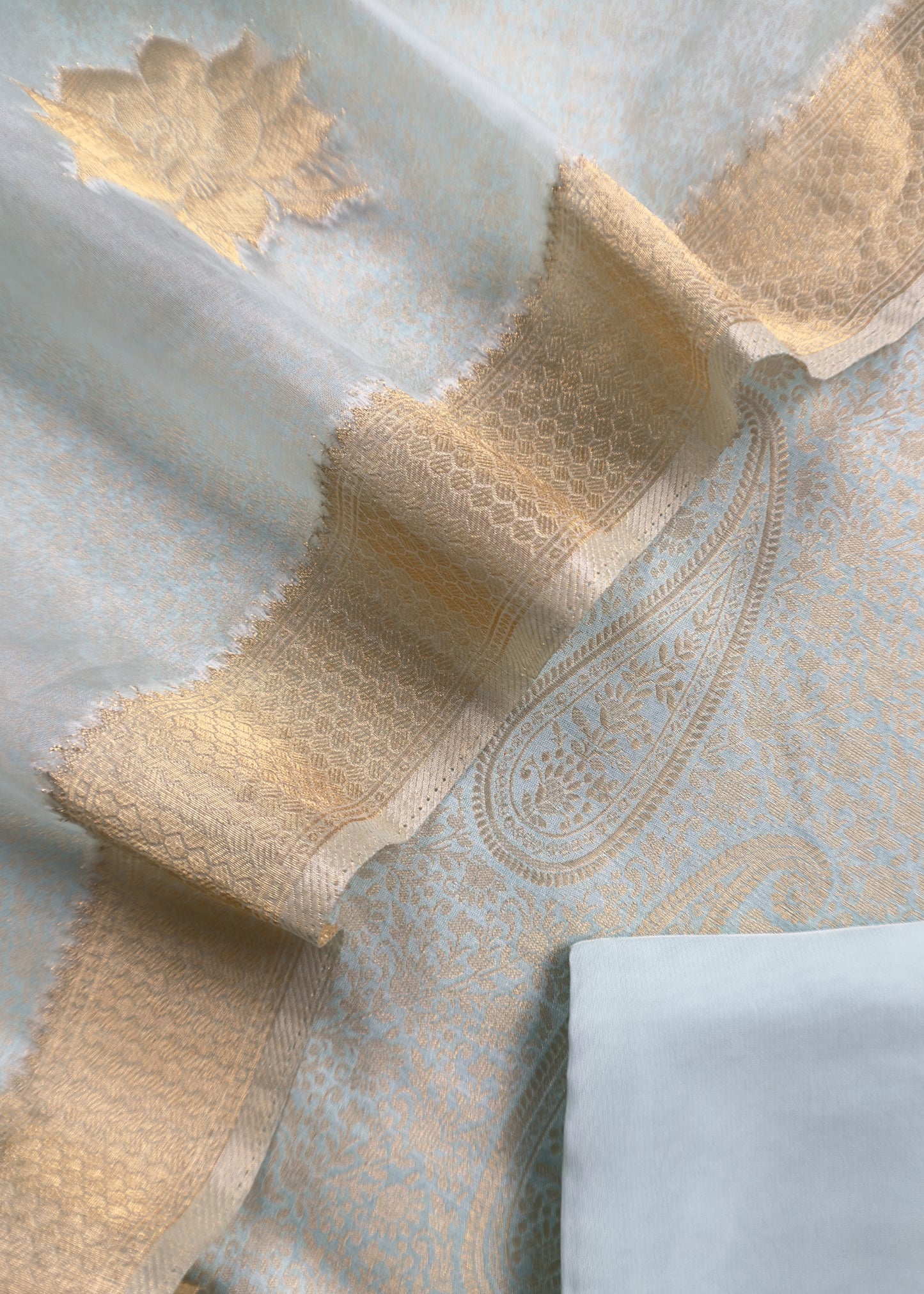 Sky Blue Banarasi Silk Brocade Suit With Organza Dupatta