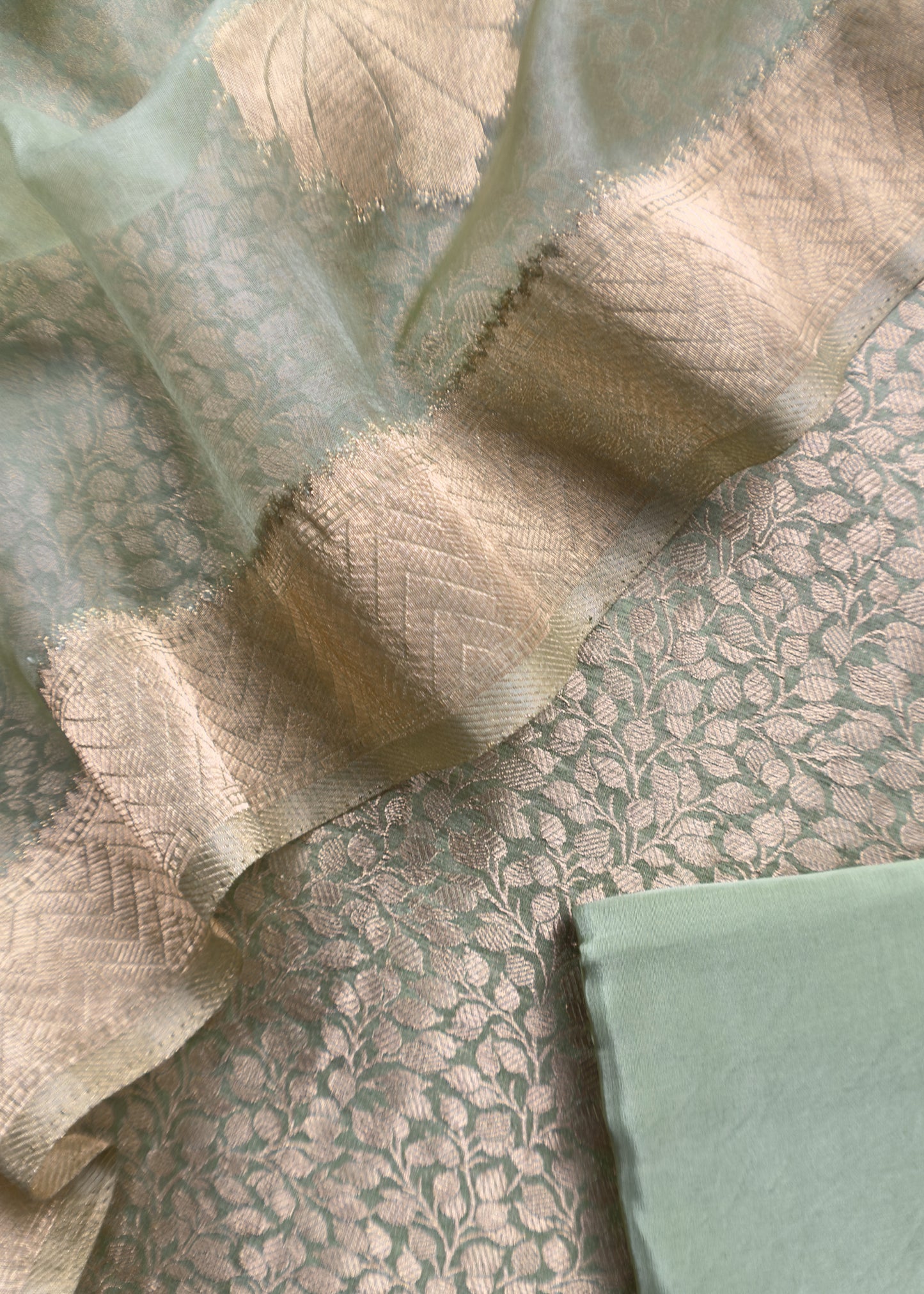 Light Green Banarasi Silk Brocade Suit With Organza Dupatta