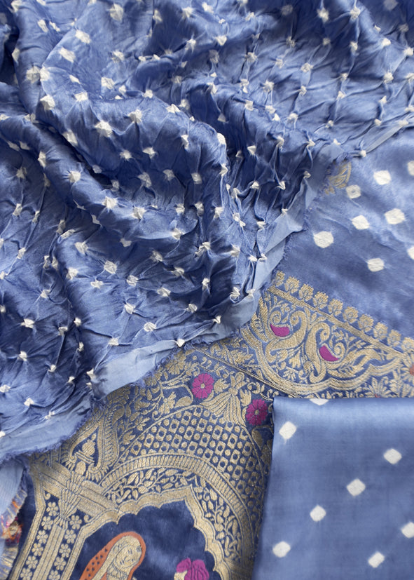 Heer Steel Blue Pure Gajji Silk Bandhani Suit With Gold Banarasi Weaving