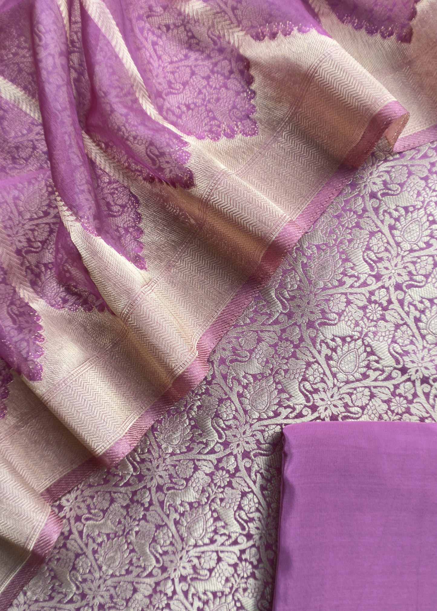 Voilet Banarasi Silk Brocade Suit With Organza Dupatta