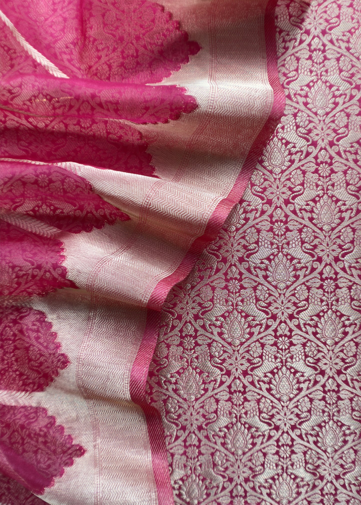 Pink Banarasi Silk Brocade Suit With Organza Dupatta