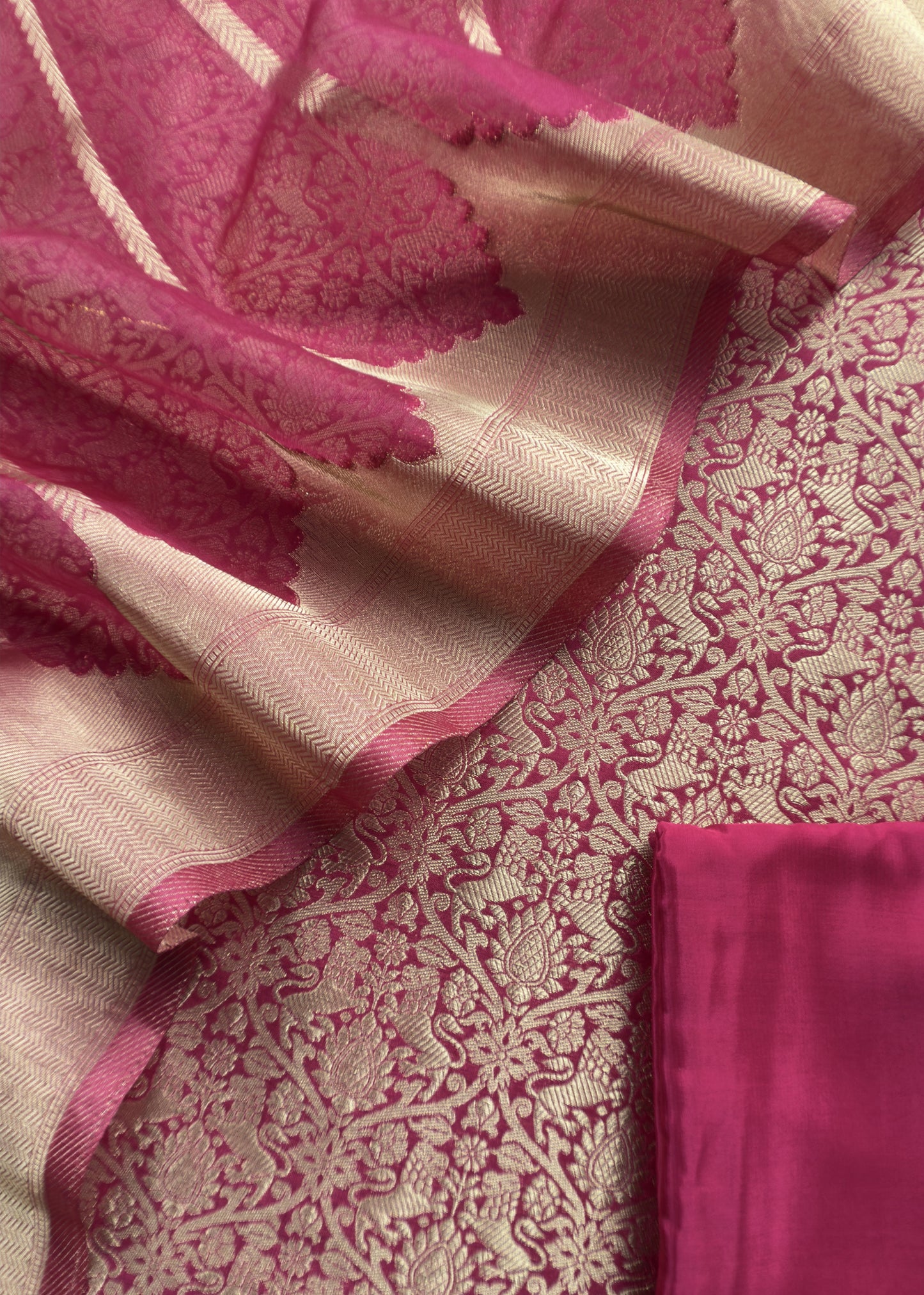 Pink Banarasi Silk Brocade Suit With Organza Dupatta