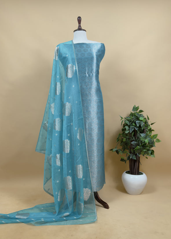 Firozi Banarasi Silk Brocade Suit With Organza Dupatta