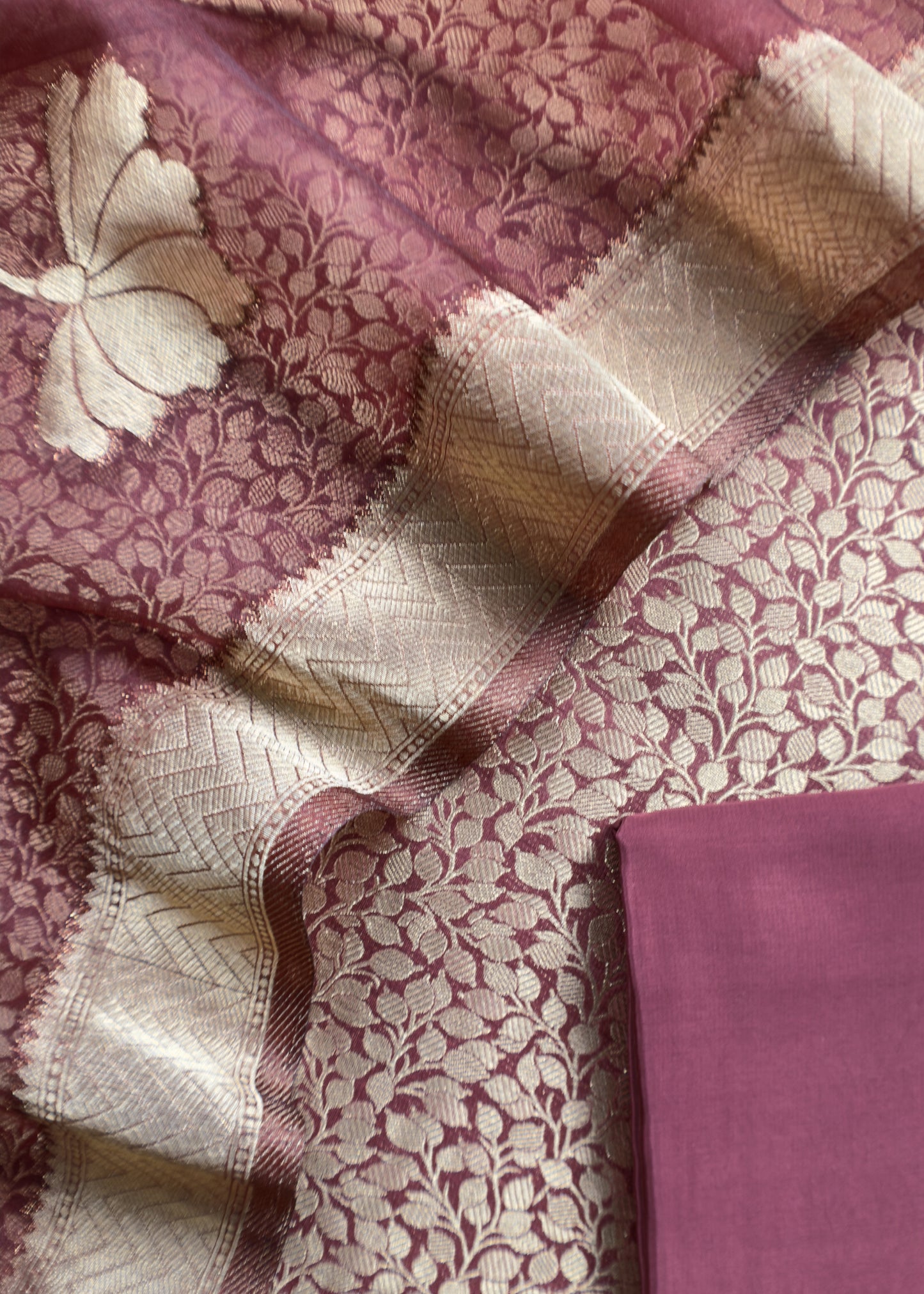 Maroon Banarasi Silk Brocade Suit With Organza Dupatta