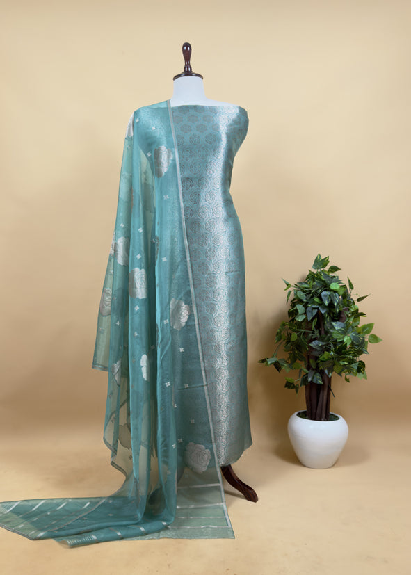 Pine Green Banarasi Silk Brocade Suit With Organza Dupatta