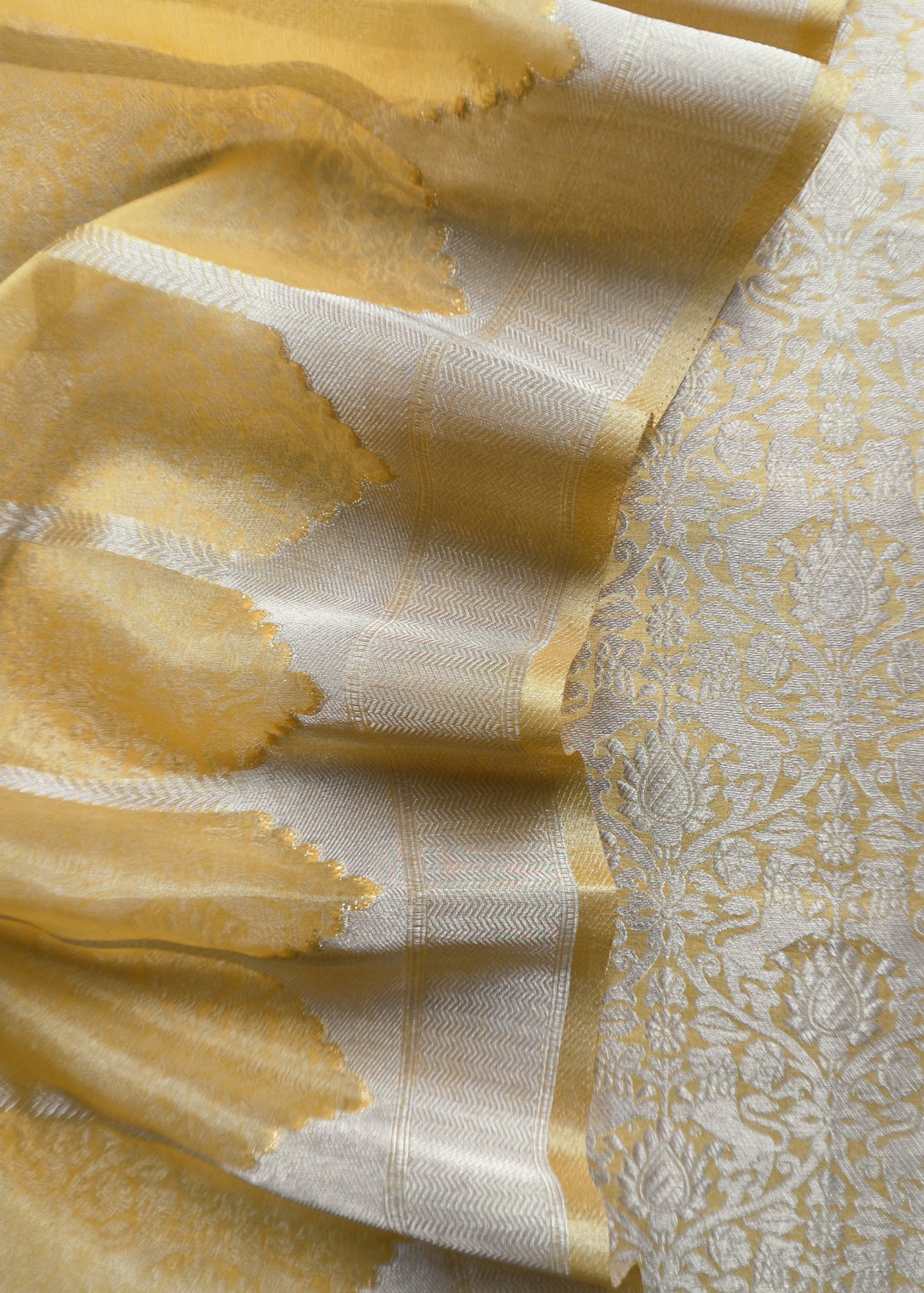 Yellow Banarasi Silk Brocade Suit With Organza Dupatta