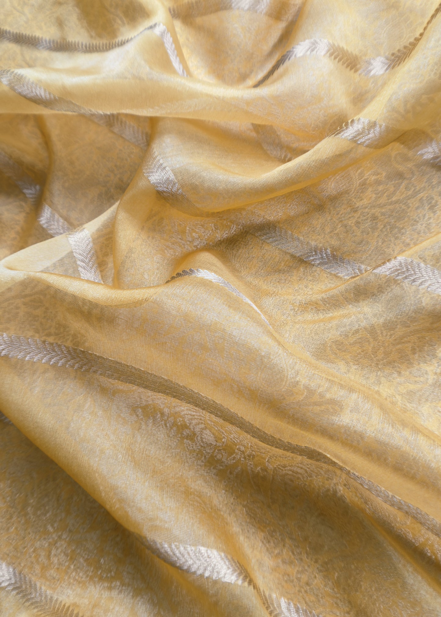 Yellow Banarasi Silk Brocade Suit With Organza Dupatta