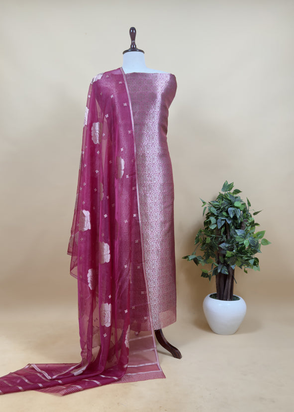 Pink Banarasi Silk Brocade Suit With Organza Dupatta