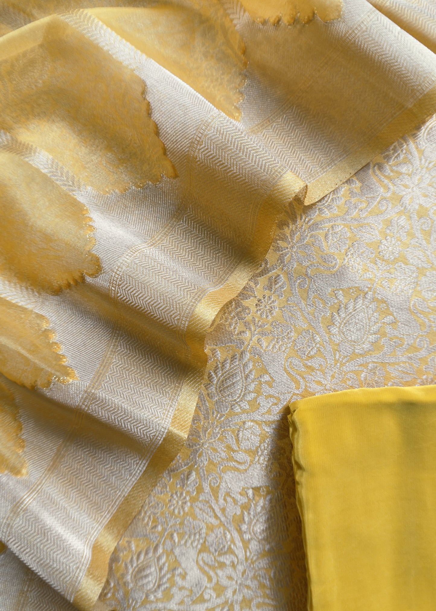Yellow Banarasi Silk Brocade Suit With Organza Dupatta