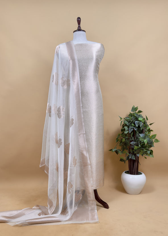 White Banarasi Silk Brocade Suit With Organza Dupatta