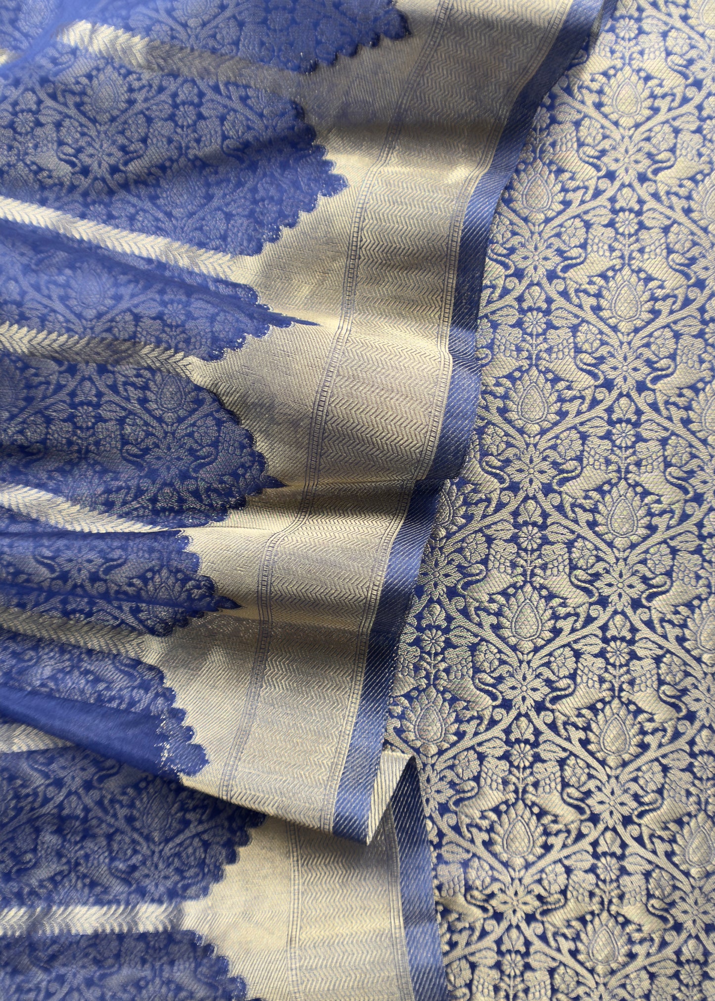 Blue Banarasi Silk Brocade Suit With Organza Dupatta
