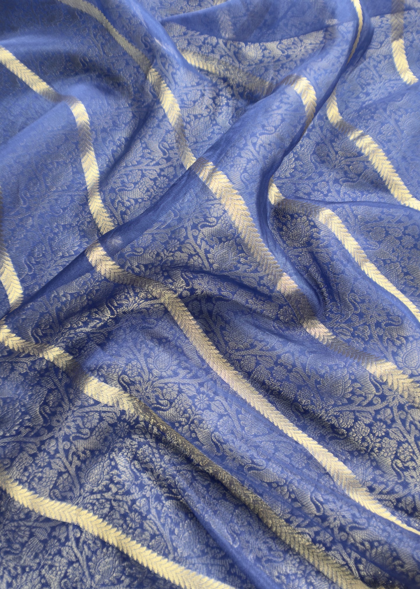 Blue Banarasi Silk Brocade Suit With Organza Dupatta