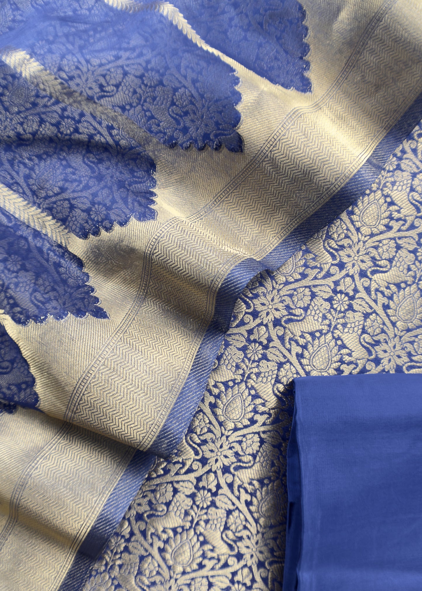 Blue Banarasi Silk Brocade Suit With Organza Dupatta