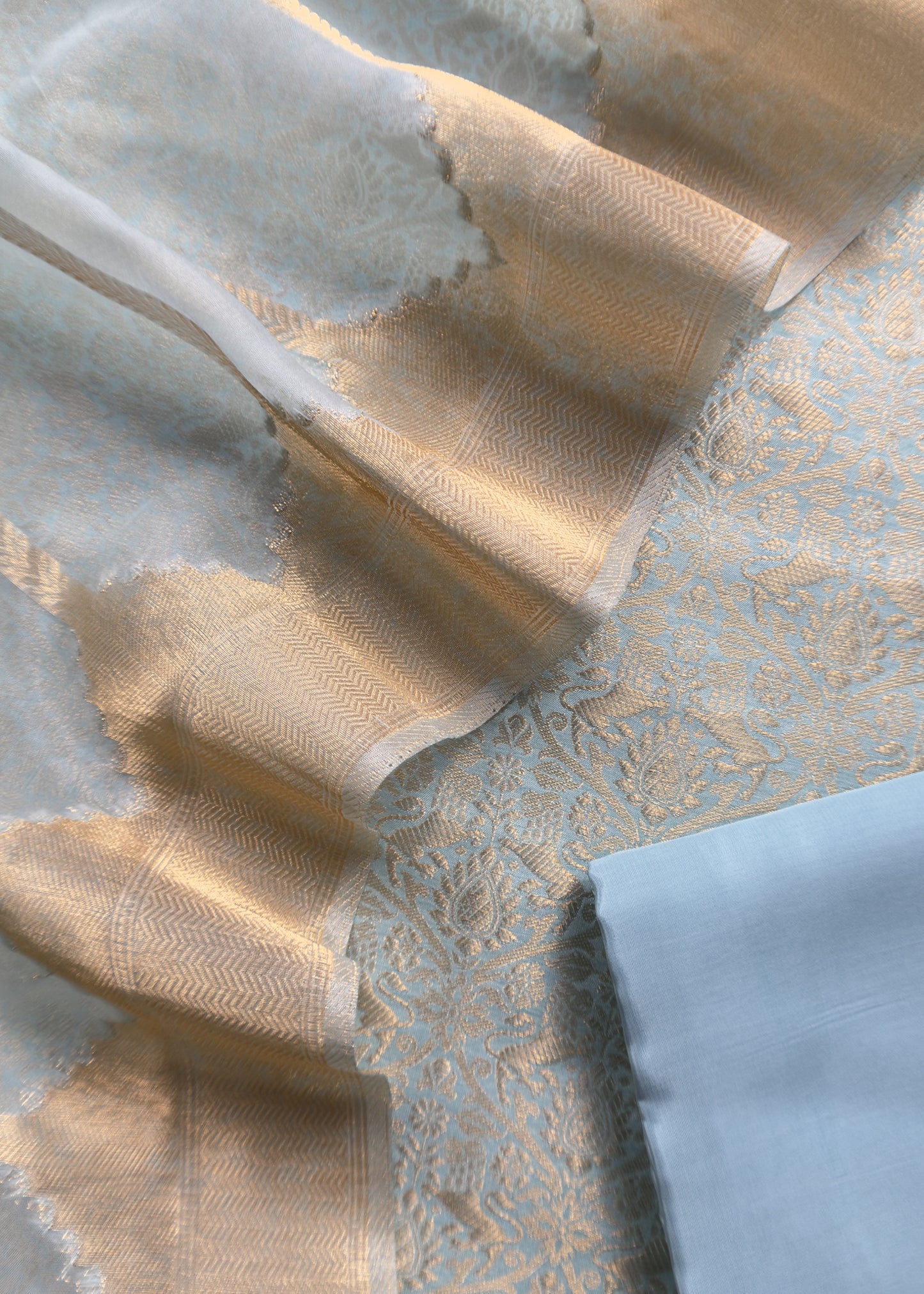 Sky Blue Banarasi Silk Brocade Suit With Organza Dupatta