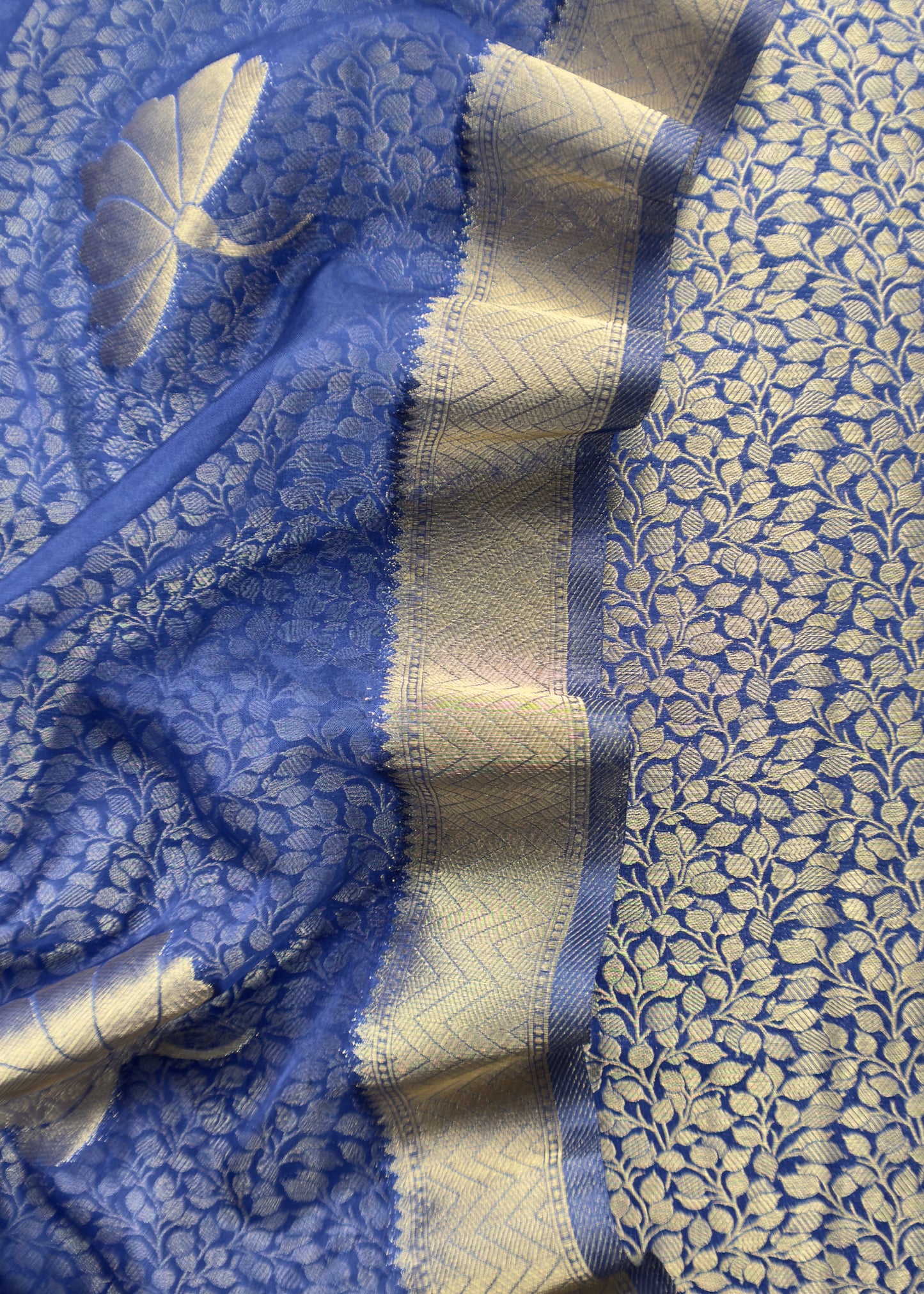 Blue Banarasi Silk Brocade Suit With Organza Dupatta