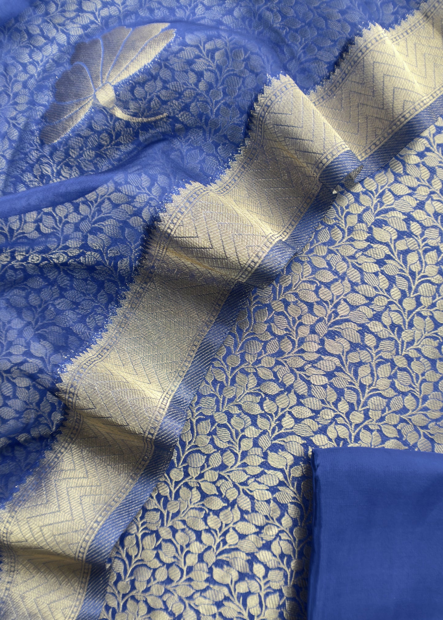 Blue Banarasi Silk Brocade Suit With Organza Dupatta