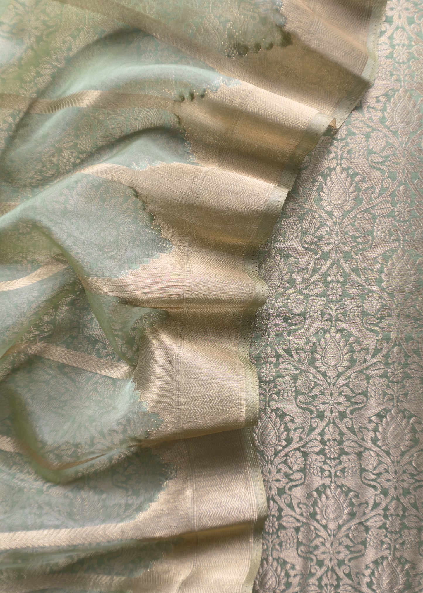 Green Banarasi Silk Brocade Suit With Organza Dupatta