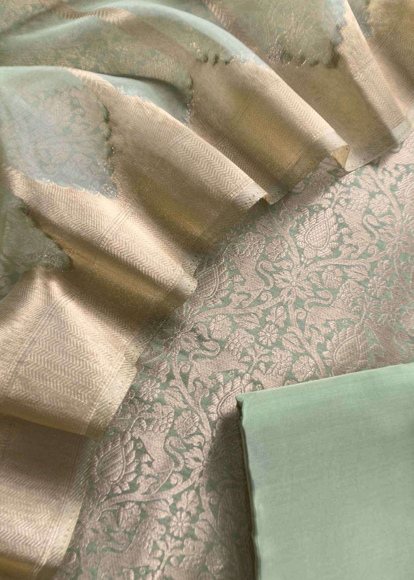 Green Banarasi Silk Brocade Suit With Organza Dupatta