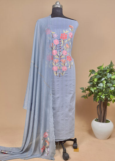 Steel Blue Embroidered Cotton Suit With Kota Dupatta