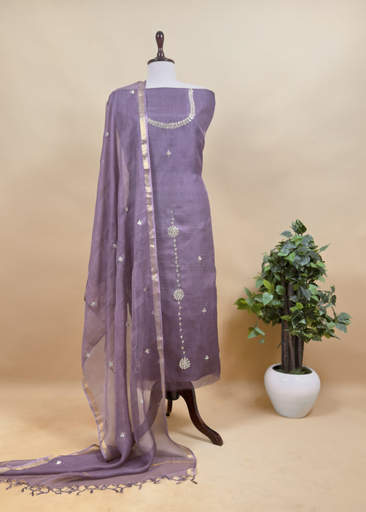 Chinese violet Pure Kota Doria Silk Dupatta Suit With Gotta Patti Work