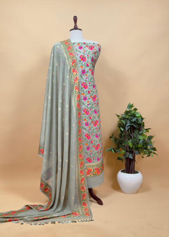 Green Handloom Banarasi Suit With Paithani Weaving