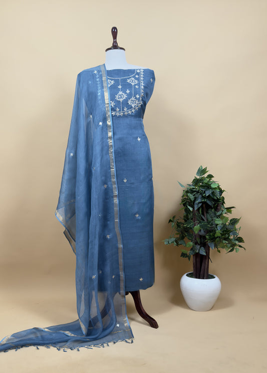 Peacock Blue Pure Kota Doria Silk Dupatta Suit With Gotta Patti Work