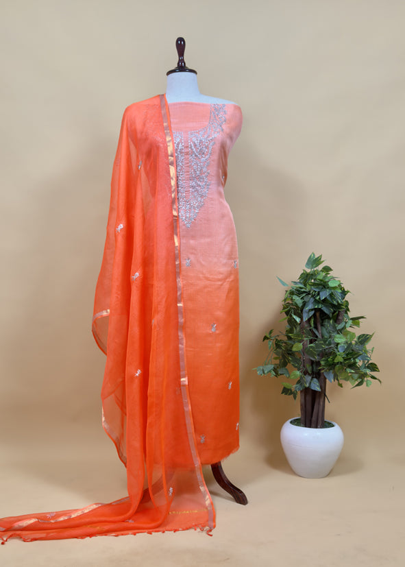Orange Gotta Patti Embroidered Kota Doria Suit