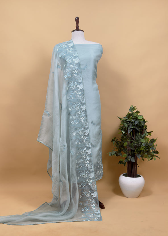 Iceberg Blue Pure Kora Silk Suit With Parsi Embroidery