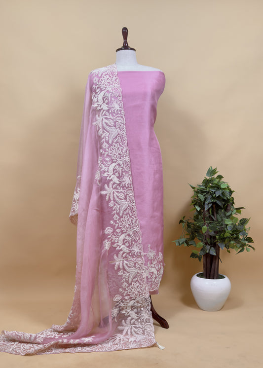 Kalasheel Luxe Lavender Handloom Organza Suit With Garden French Embroidery