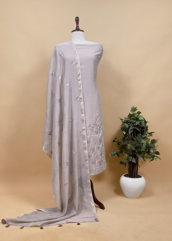 Grey Pure Mulmul Unstitched Suit Fabric With Rajput Jaipuri Resham Embroidery