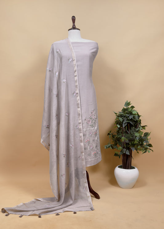 Grey Pure Mulmul Unstitched Suit Fabric With Rajput Jaipuri Resham Embroidery
