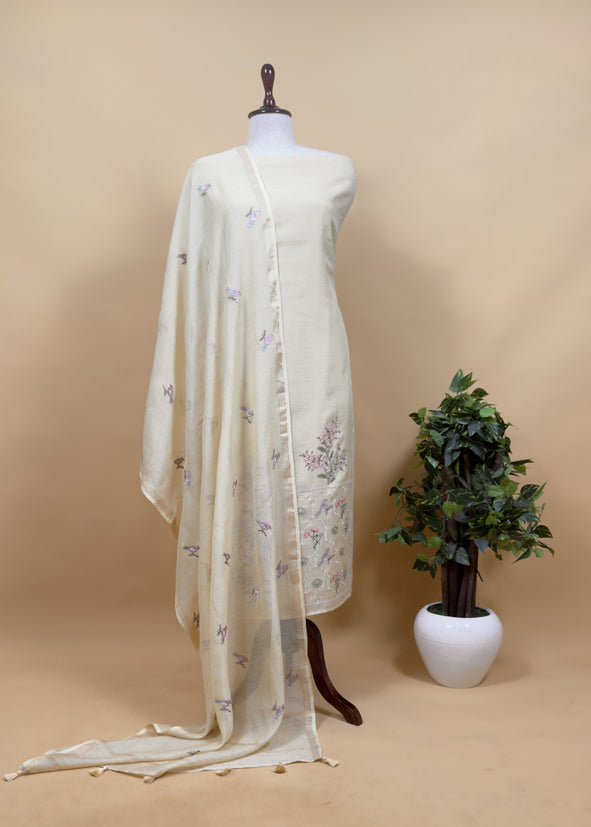 Grey Pure Mulmul Unstitched Suit Fabric With Rajput Jaipuri Resham Embroidery