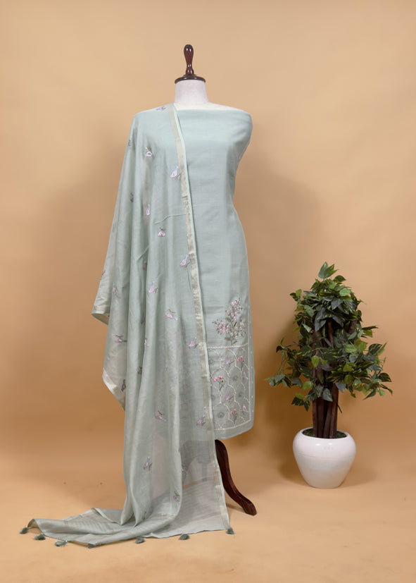 Grey Pure Mulmul Unstitched Suit Fabric With Rajput Jaipuri Resham Embroidery