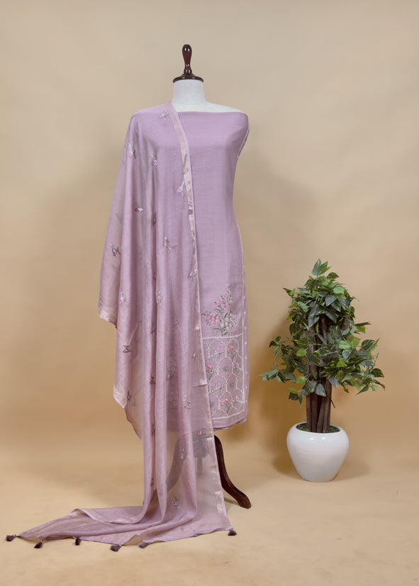 Grey Pure Mulmul Unstitched Suit Fabric With Rajput Jaipuri Resham Embroidery