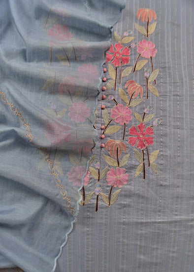 Steel Blue Embroidered Cotton Suit With Kota Dupatta