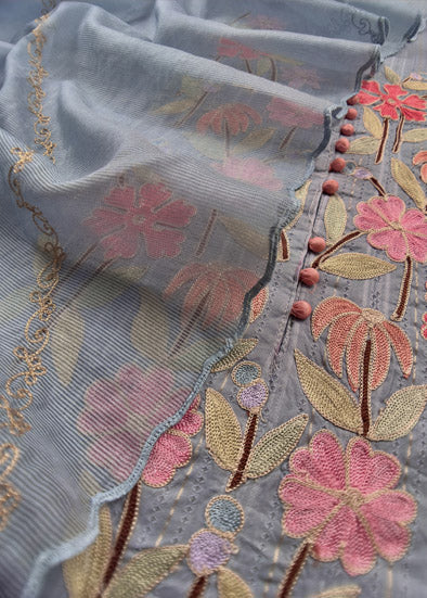 Steel Blue Embroidered Cotton Suit With Kota Dupatta