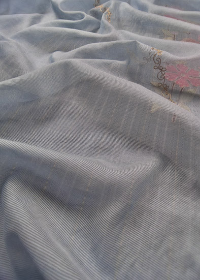 Steel Blue Embroidered Cotton Suit With Kota Dupatta