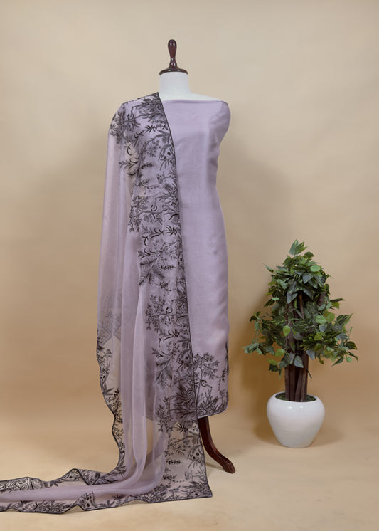 Heather Purple Handloom Intricate Embroidered Kora Silk Unstitched Suit With Dupatta