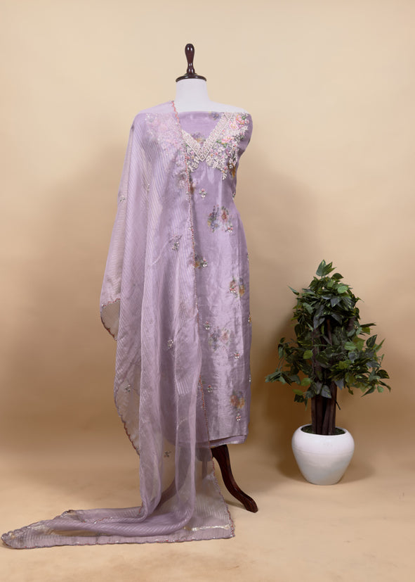 Lavender Wedding Bells Pure Tissue Silk Unstitched Suit Fabric With Dabka And Zardosi Handwork