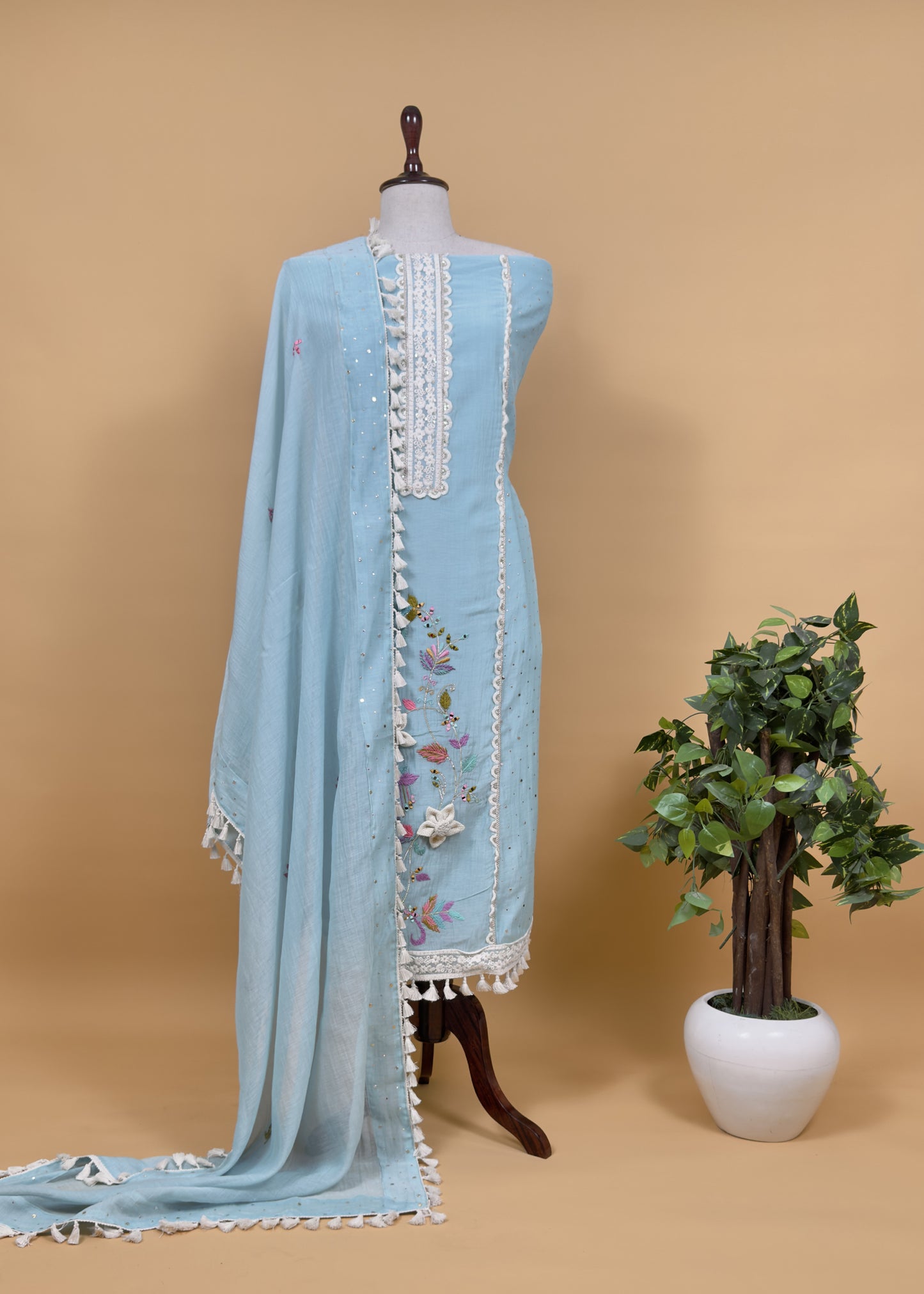 Baby Blue Designer Summers Pure Mul Suit With Crochet, Mirrors, Pitta Work And Hand Embroidery