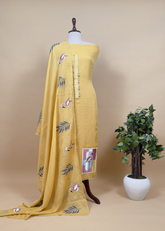 Mango yellow Summer Flamingo Tales Pure Mul Suit Fabric