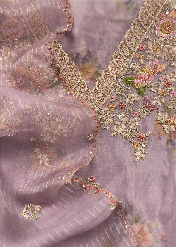 Lavender Wedding Bells Pure Tissue Silk Unstitched Suit Fabric With Dabka And Zardosi Handwork