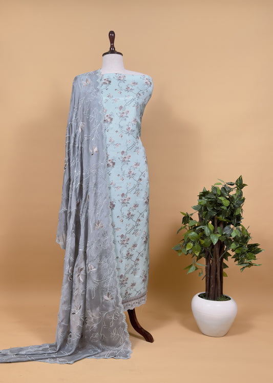 Light Blue Pure Crepe Digital Print Suit Fabric With Resham Embroidery And Lace Work