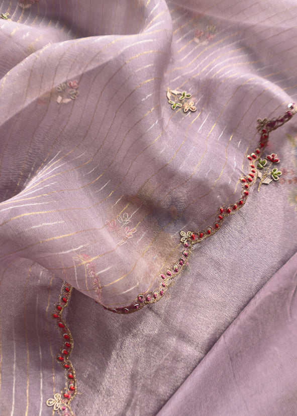 Lavender Wedding Bells Pure Tissue Silk Unstitched Suit Fabric With Dabka And Zardosi Handwork