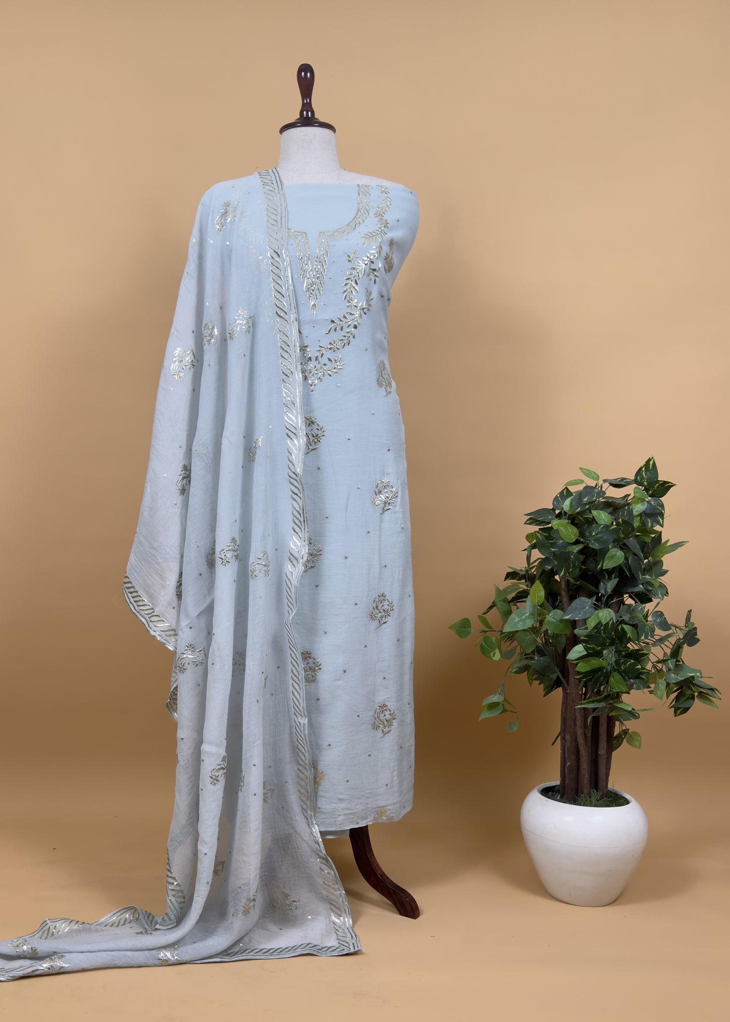 Chikoo Handloom Mul Chanderi Suit With Gold Pitta Hand Work