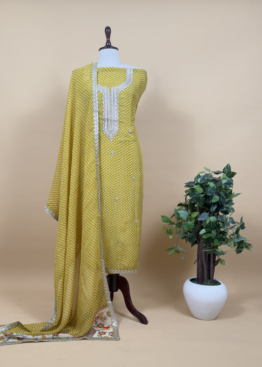 Citrine Yellow Organza Bandhani Suit With Kalamkari Print And Gota Patti Embroidery